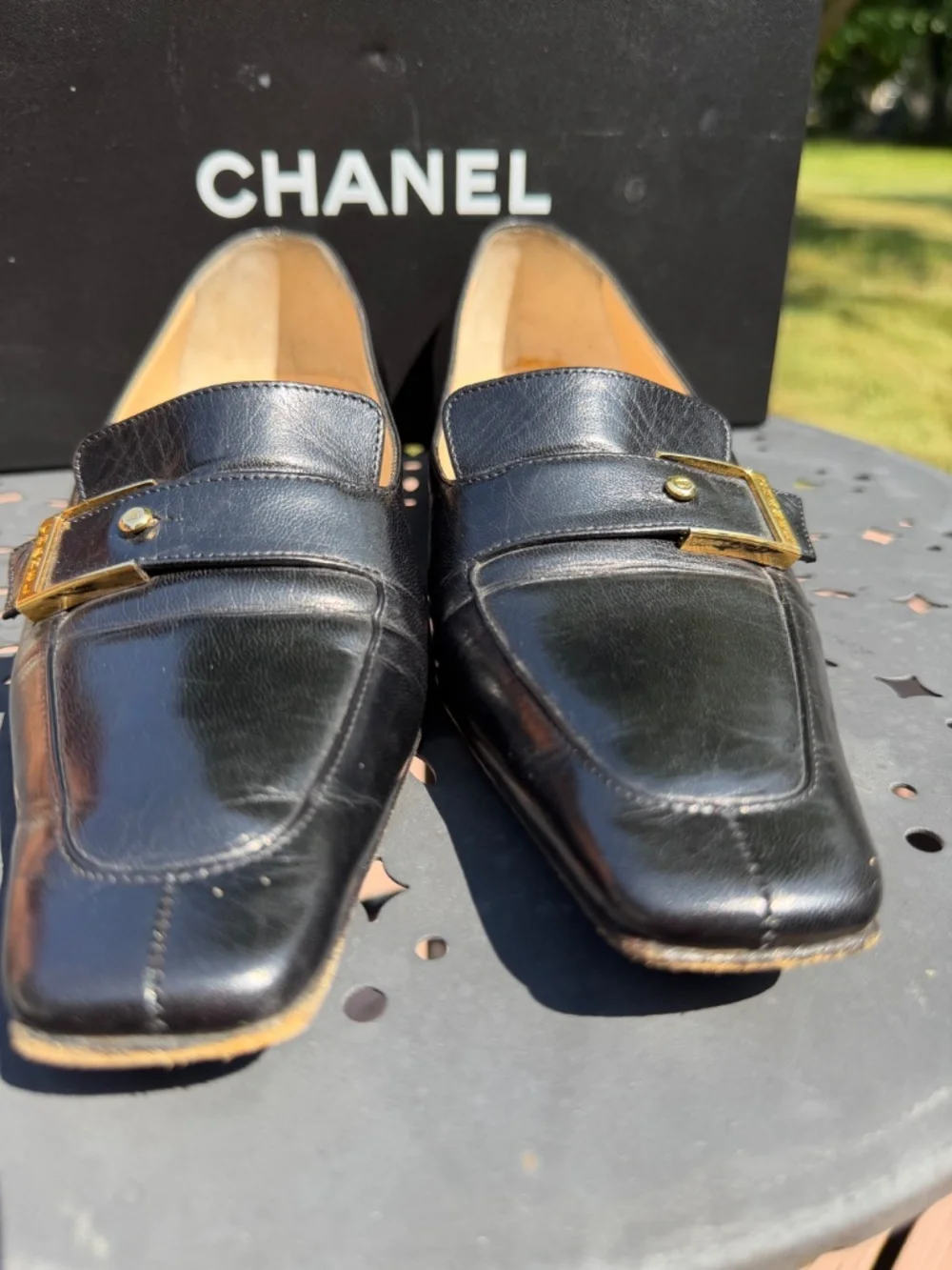 Chanel black leather square toe loafers with gold buckle size 35